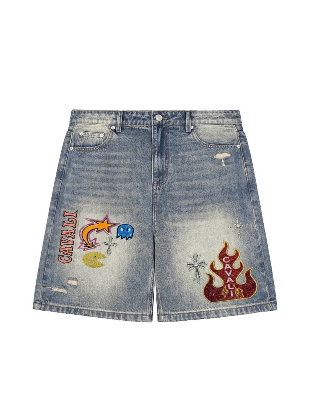 Blue Distressed Denim Shorts with Embroidered Patches